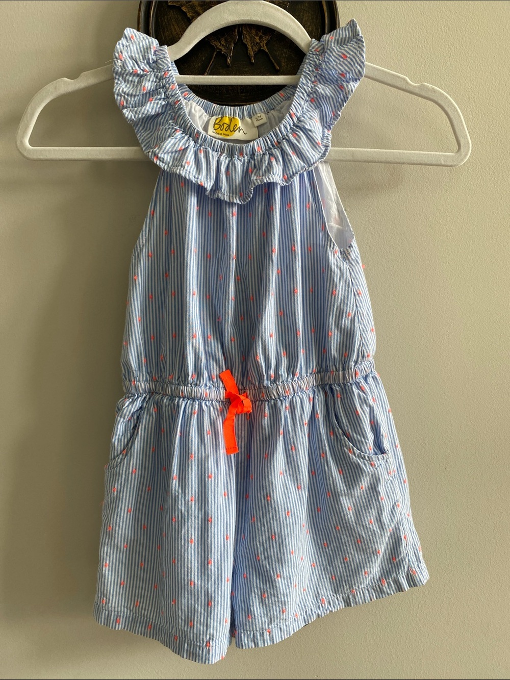 Boden Kids Blue & White Striped Romper Coral Dot /Neon Orange Tie size 6-7 Y